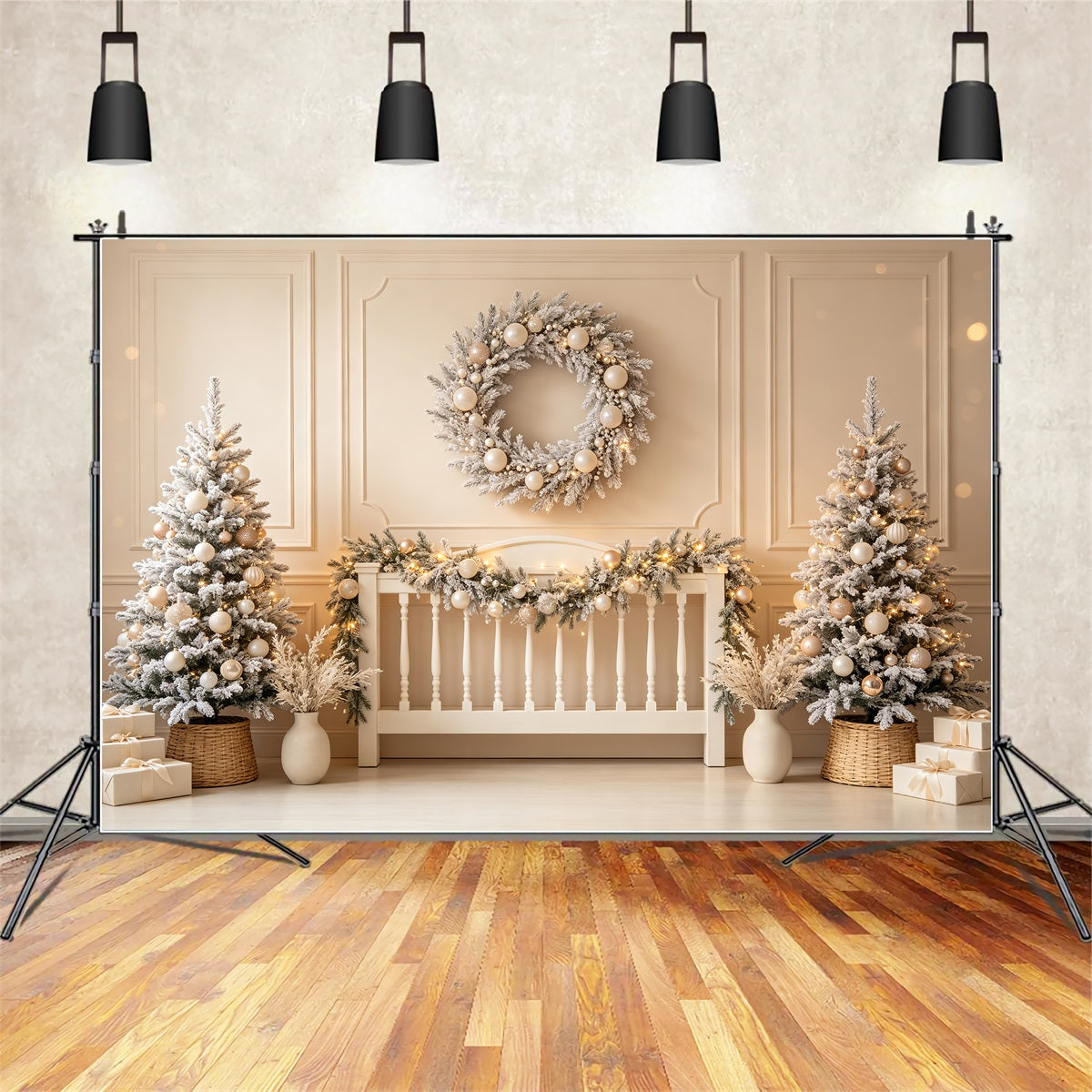 Christmas Headboard Backdrop Ivory Frosted Wreath Display Christmas Photo Backdrops CSH69-29