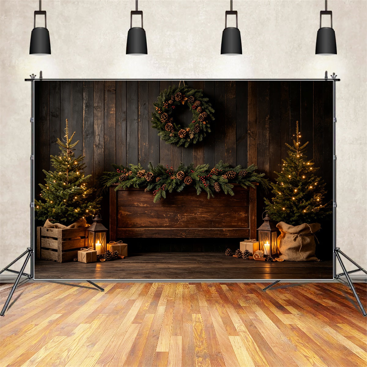 Wooden Christmas Backdrop Rustic Pine Lantern Display Backdrop Christmas CSH69-30