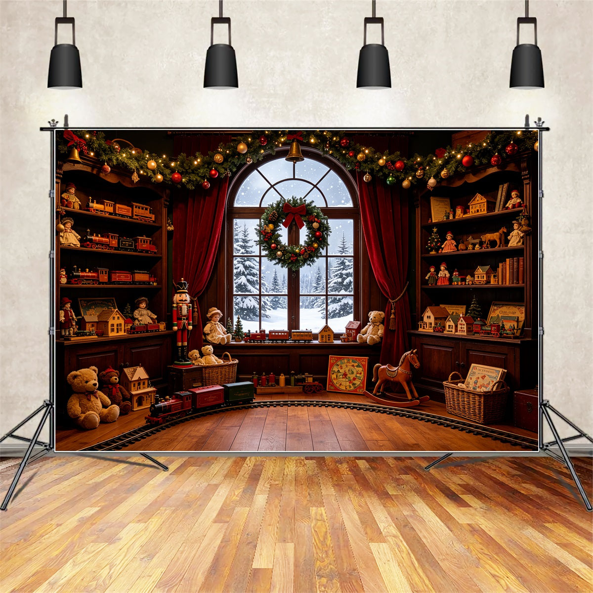Vintage Christmas Backdrop Toy Train Room Window Large Christmas Backdrops CSH69-35