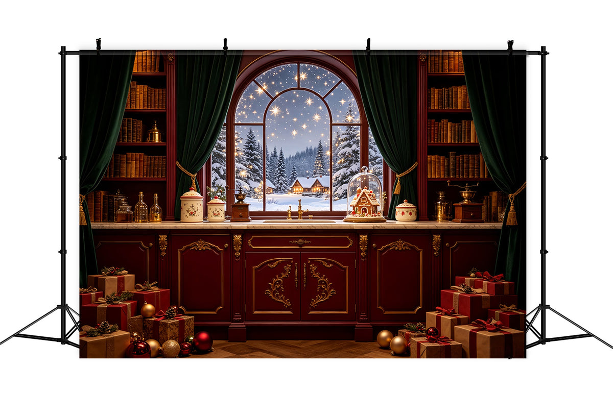 Christmas Night Backdrop Snowy Cottage Window Pantry Photography Christmas Backdrops CSH69-37