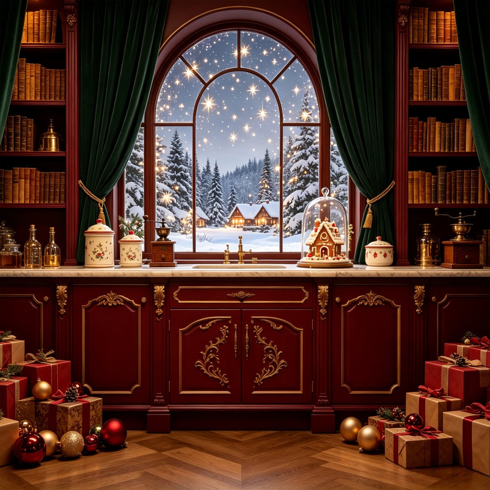 Christmas Night Backdrop Snowy Cottage Window Pantry Photography Christmas Backdrops CSH69-37