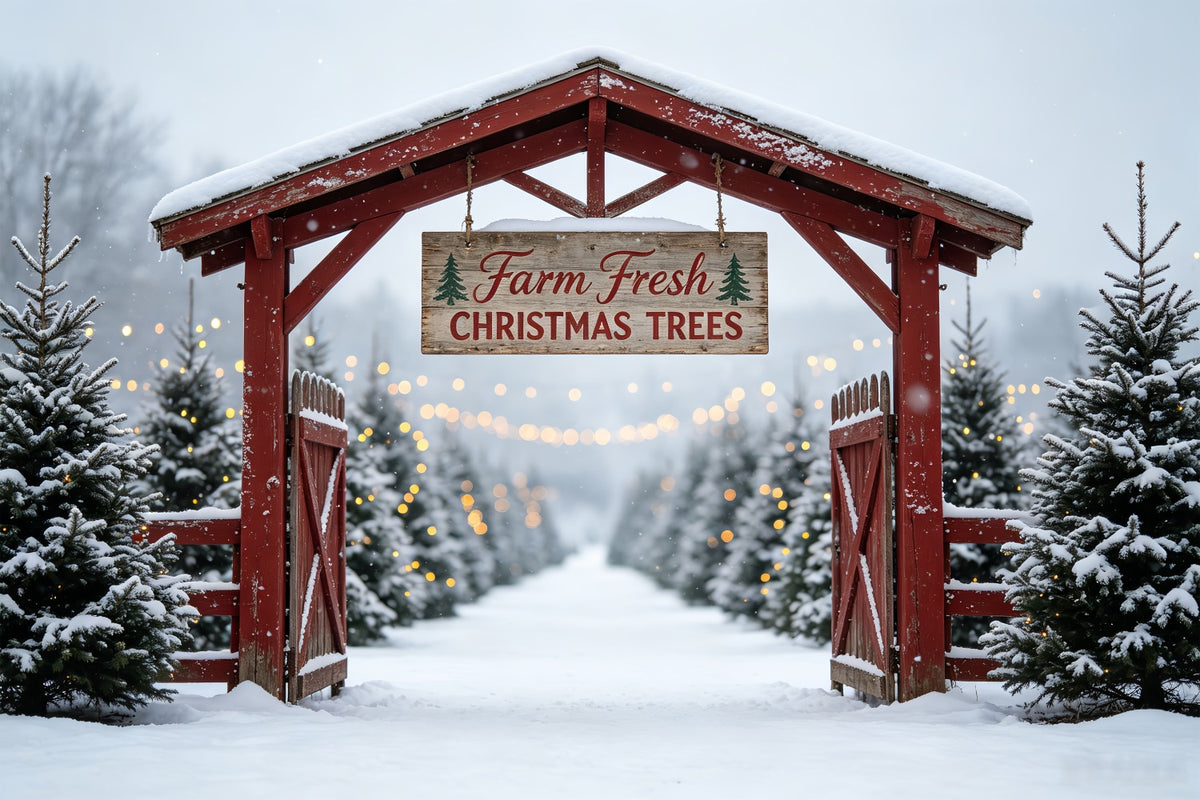 Christmas Tree Farm Backdrop Snowy Tree Farm Gate Photo Christmas Backdrop CSH69-48