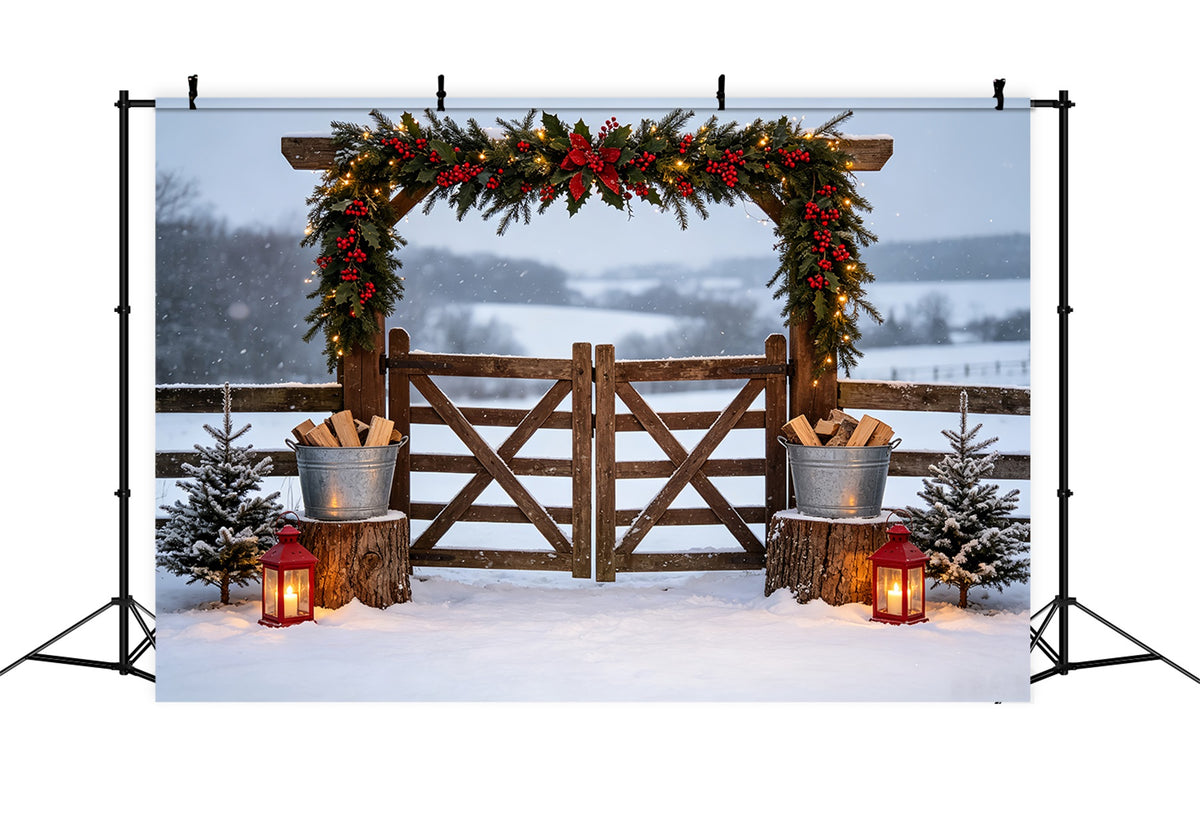 Country Christmas Backdrop Snowy Garland Farm Gate Photo Christmas Backdrops CSH69-49