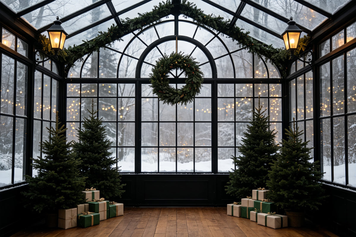 Christmas Greenery Backdrop Snowy Conservatory Wreath Arch Christmas Indoor Backdrop CSH69-55