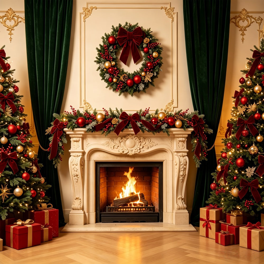 Christmas Fireplace Backdrop Elegant Wreath Retro Wall Photography Backdrop Christmas CSH69-8