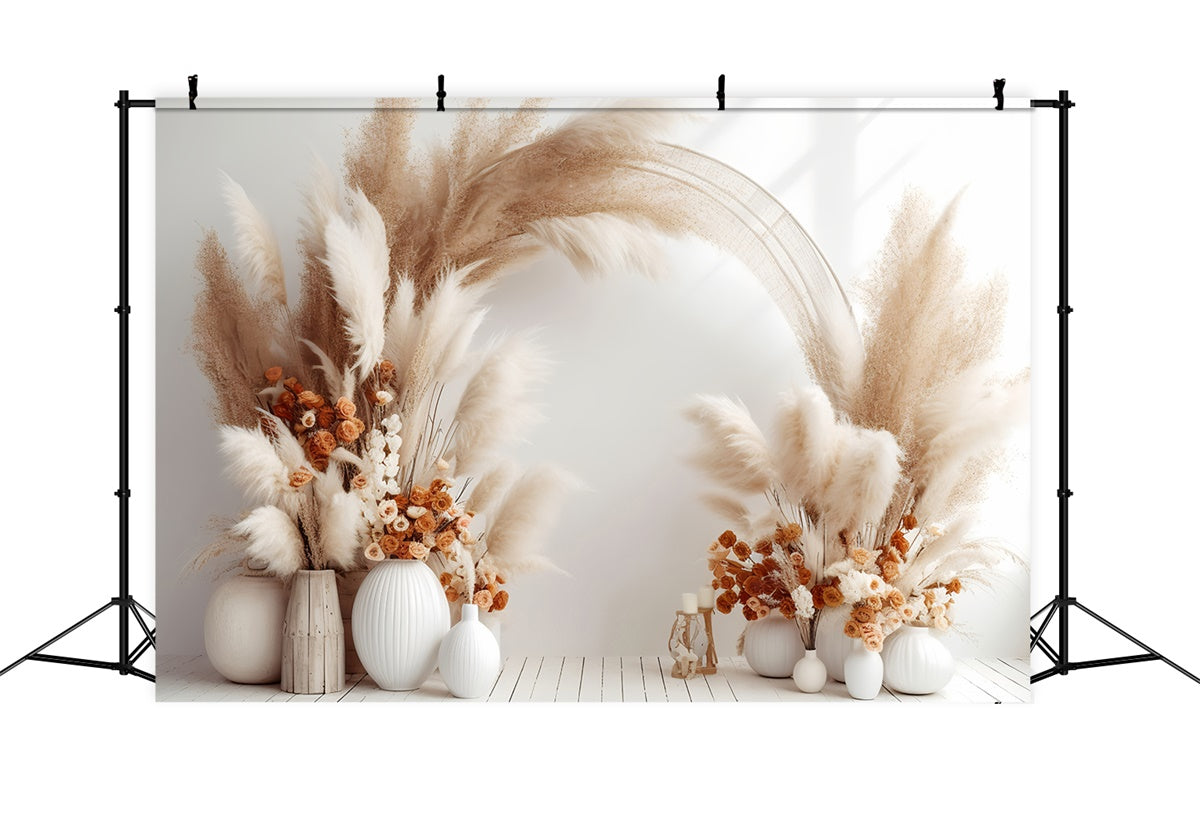 Boho Arch Backdrop Soft Tan Floral White Vases Backdrop GQ2-2