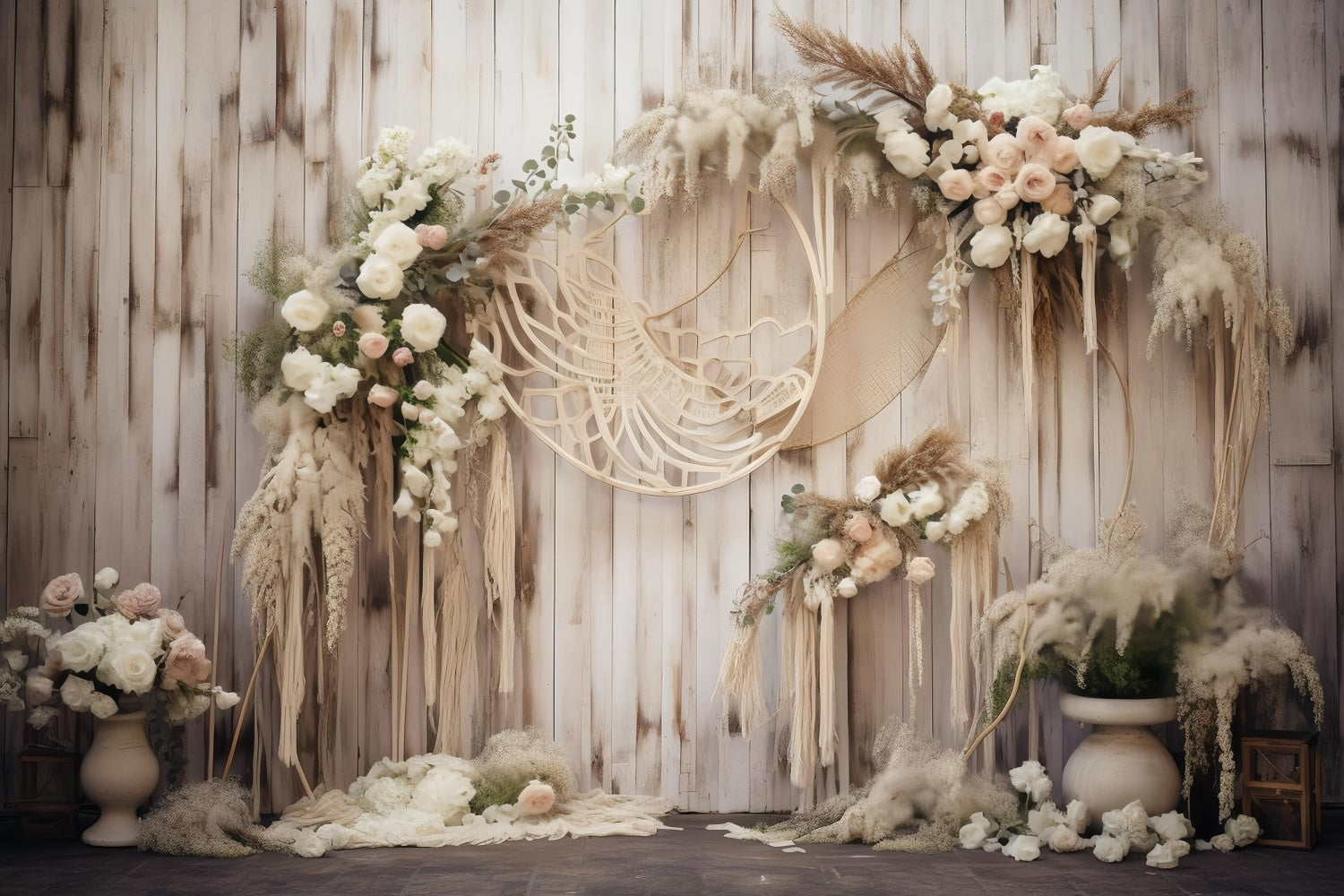 Boho Photo Backdrop Rustic Floral Wooden Arch Backdrop GQ2-4