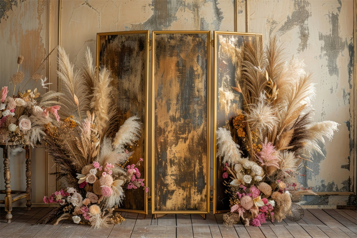 Boho Photo Backdrop Golden Frame Pink Floral Backdrop GQ2-9