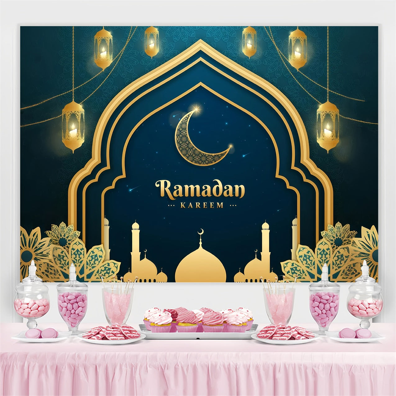 Ramadan Backdrops Gold Crescent Mosque Arch Backdrop GQ3-1