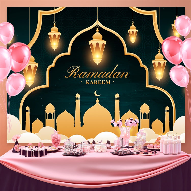 Ramadan Mubarak Backdrop Glowing Gold Lantern Arch Backdrop GQ3-10