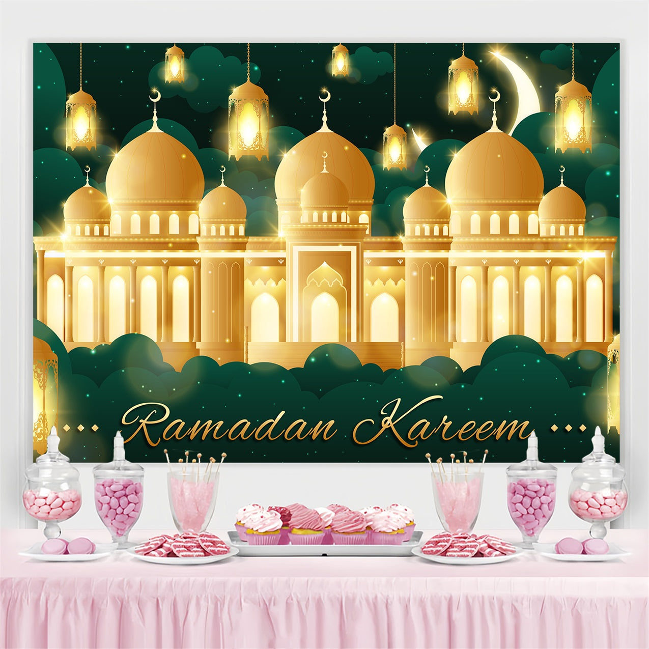 Ramadan Backdrops Golden Palace Mosque Lights Backdrop GQ3-11