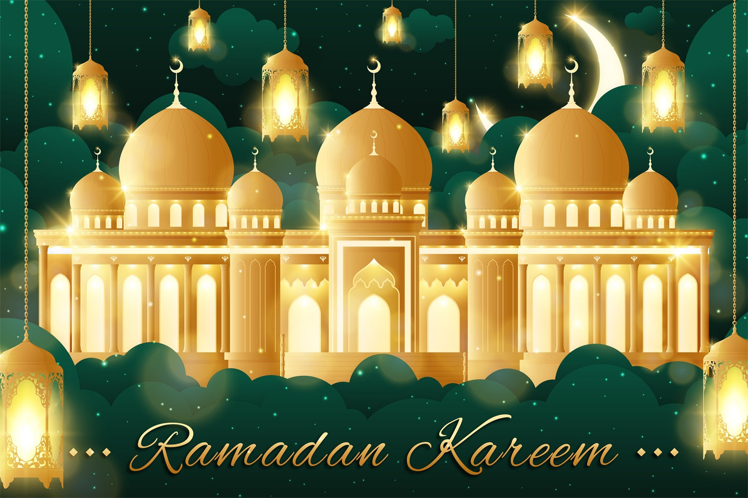 Ramadan Backdrops Golden Palace Mosque Lights Backdrop GQ3-11