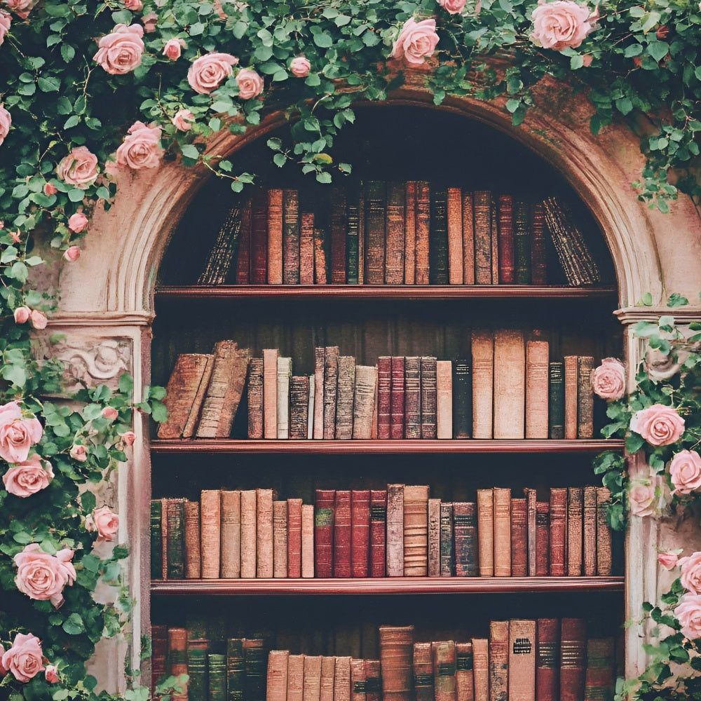 Welcome Back To School Photo Backdrop Rose Arch Bookshelf Backdrop GQ3-114