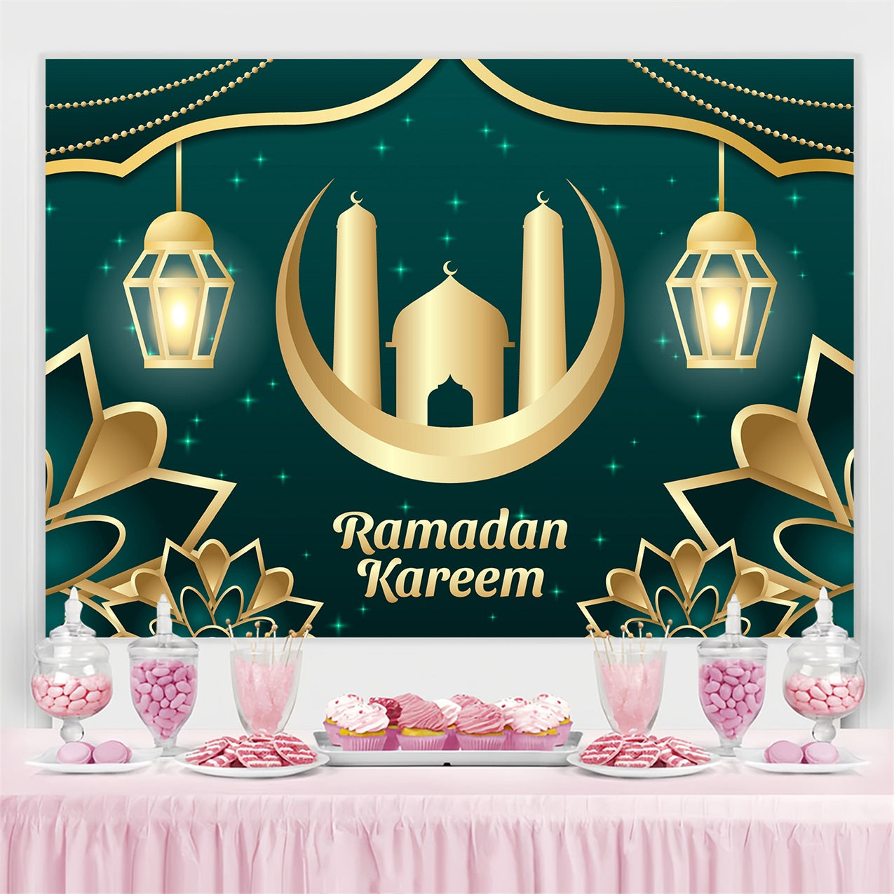 Ramadan Mubarak Backdrop Glowing Golden Palace Backdrop GQ3-14