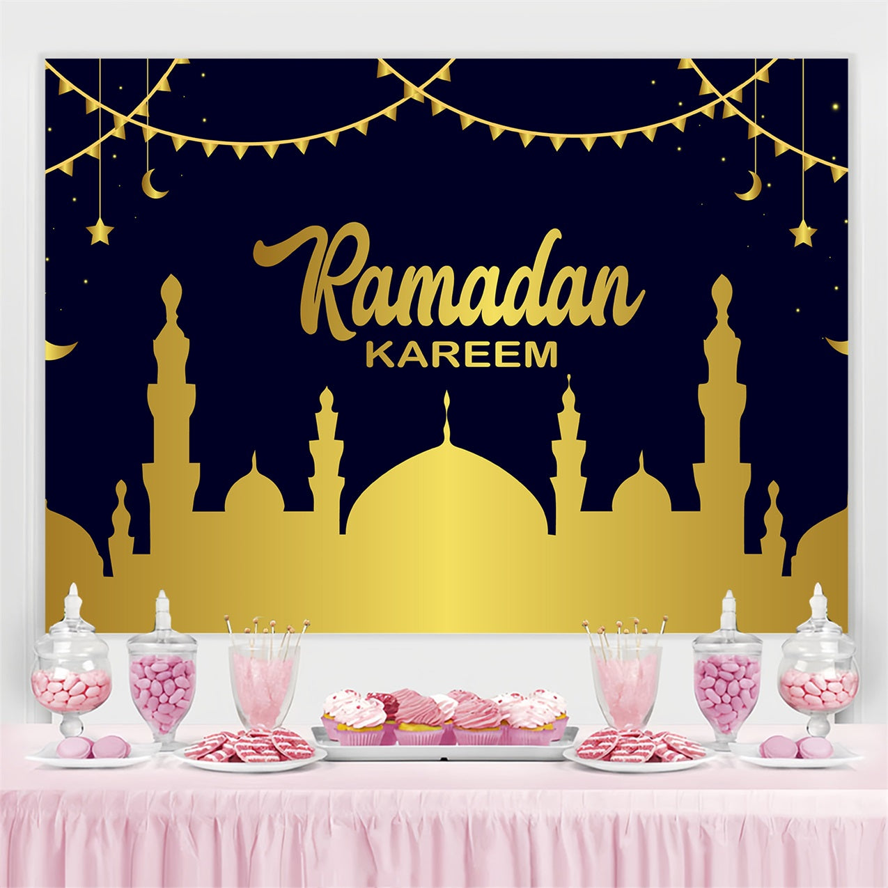 Ramadan Backdrops Glowing Moonlit Golden Mosque Backdrop GQ3-15