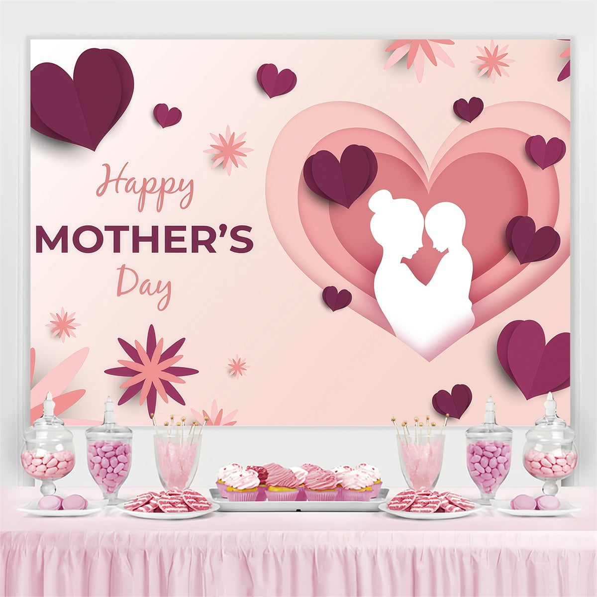Backdrop For Mothers Day Silhouette Heart Floral Custom Backdrop GQ3-156