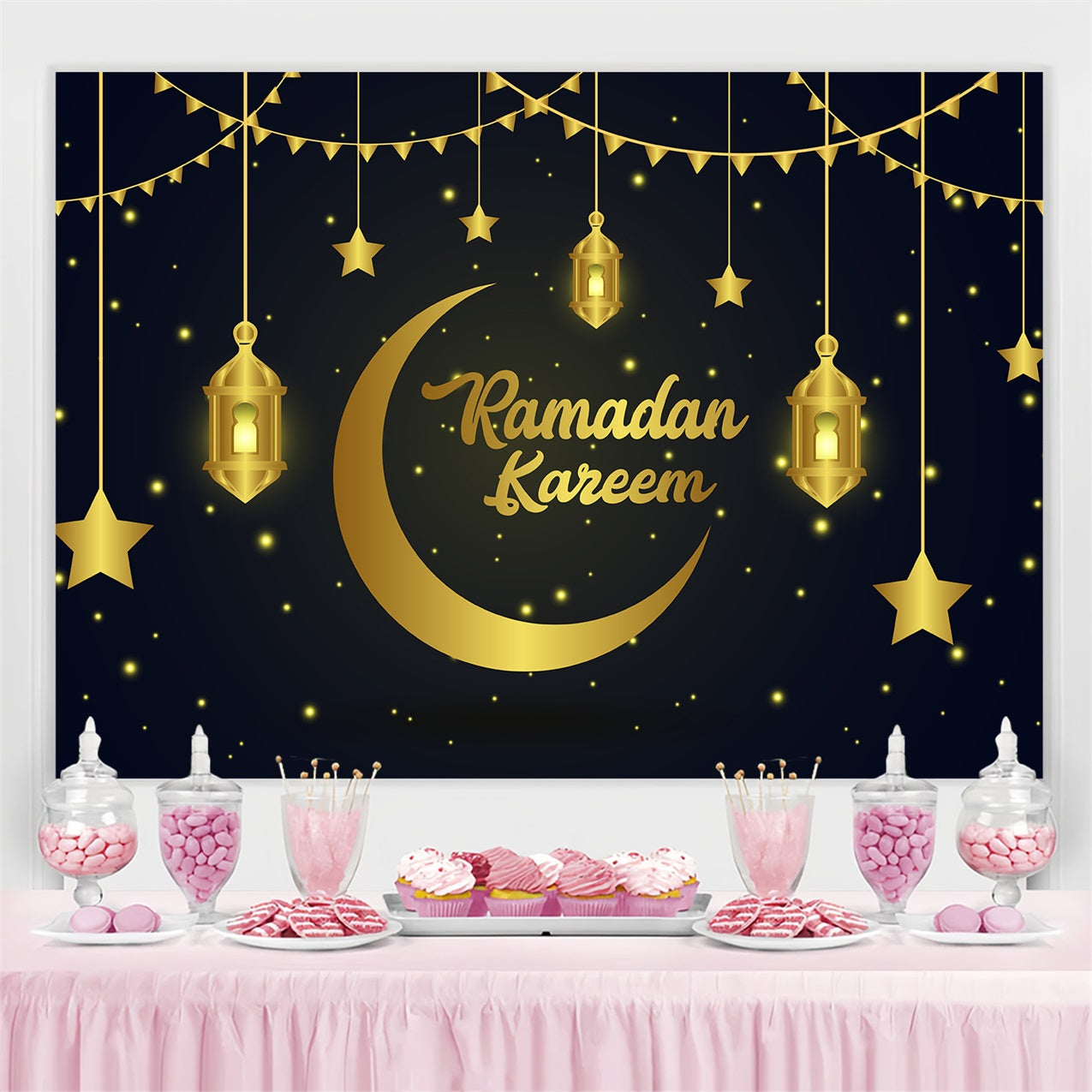 Ramadan Mubarak Backdrop Golden Stars Lanterns Backdrop GQ3-16