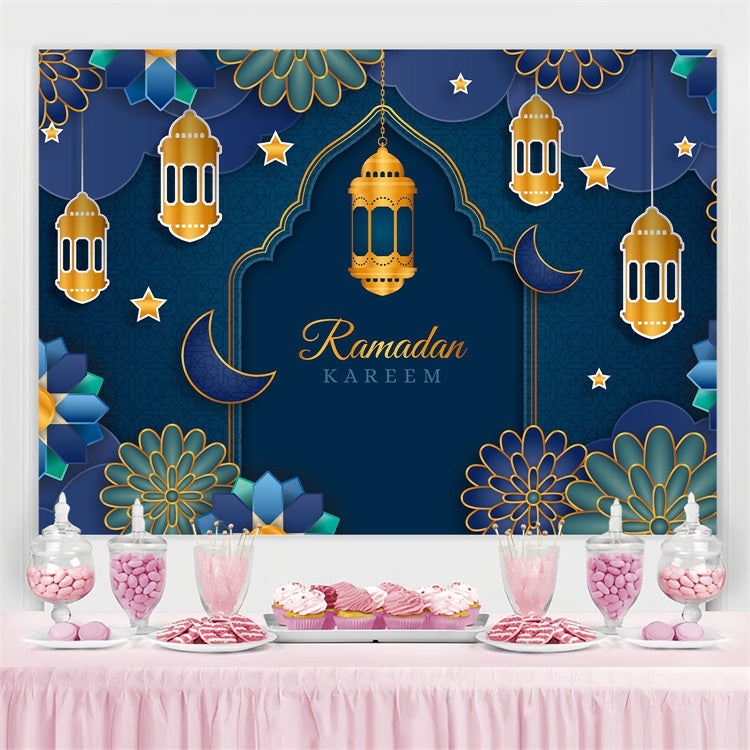 Ramadan Mubarak Backdrop Blue Gold Lanterns Floral Arch Backdrop GQ3-2