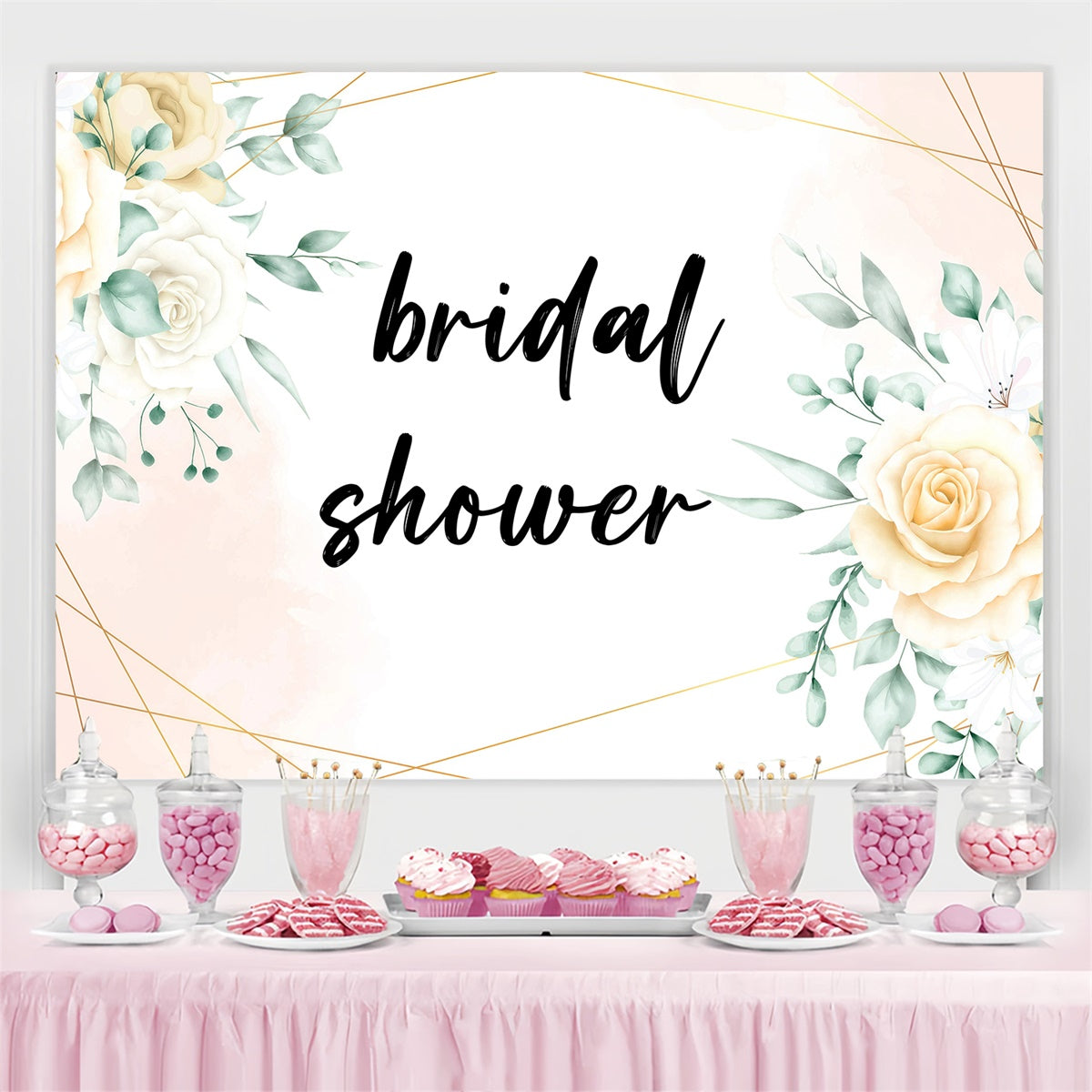 Custom Bridal Shower Backdrops Cream Rose Geometric Frame Backdrop GQ3-224