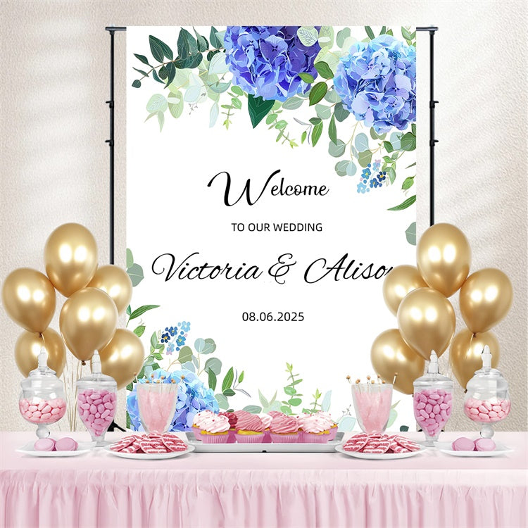Personalized Wedding Backdrop Blue Floral Leafy Welcome Backdrop GQ3-237