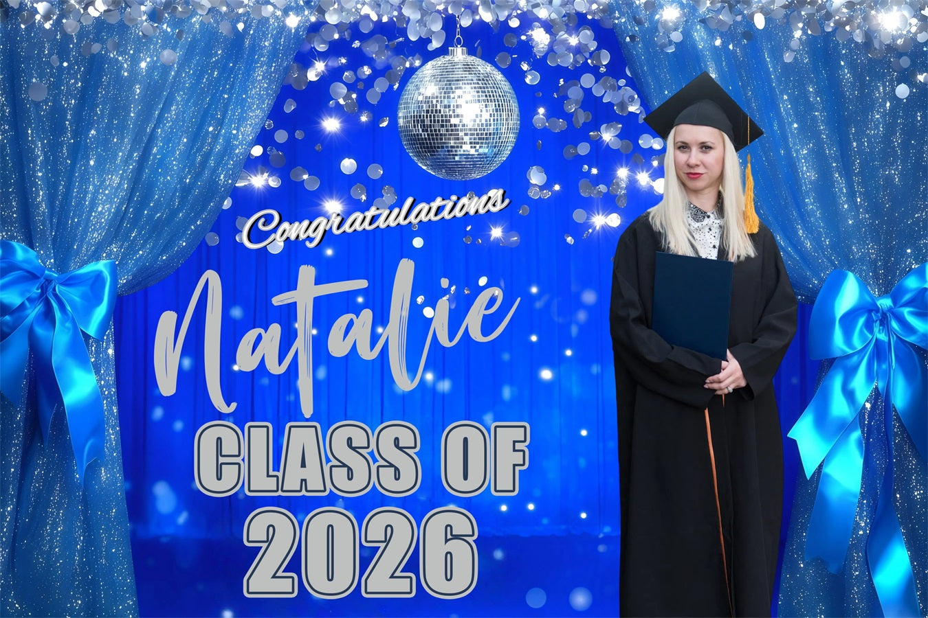 Custom Graduation Backdrop Glitter Drapes Blue Graduation Party Backdrop GQ3-239
