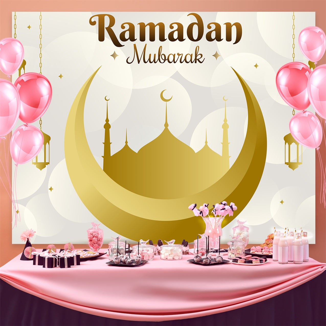Ramadan Mubarak Backdrop Golden Crescent Hanging Lanterns Backdrop GQ3-24