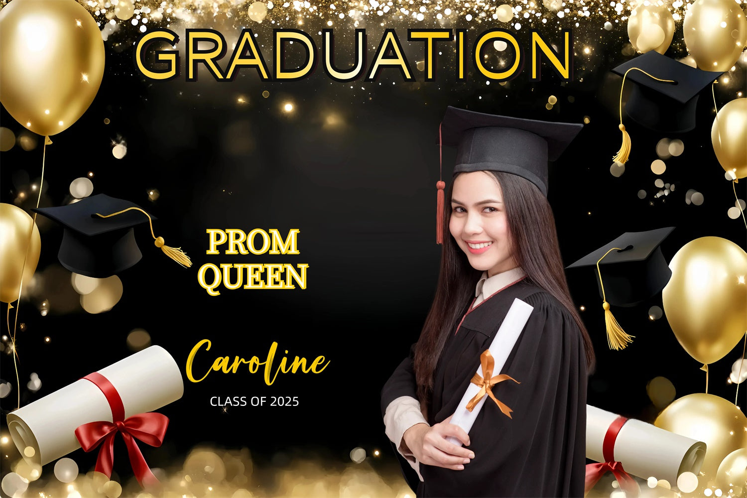 Prom 2025 Backdrop Gold Balloons Shiny Graduation Party Customized Backdrop GQ3-244