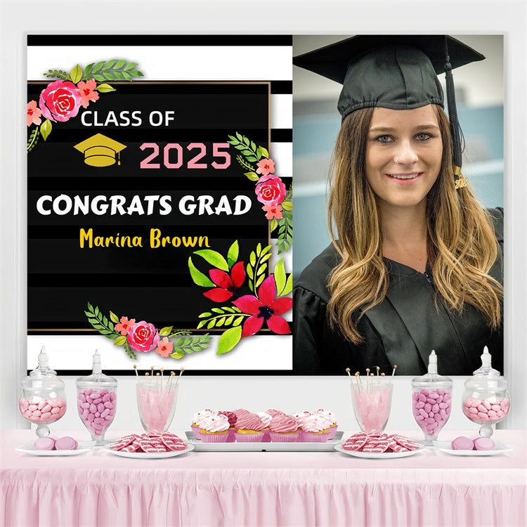 Customized Graduation Backdrop Black White Stripe Graduation Party Backdrop GQ3-246