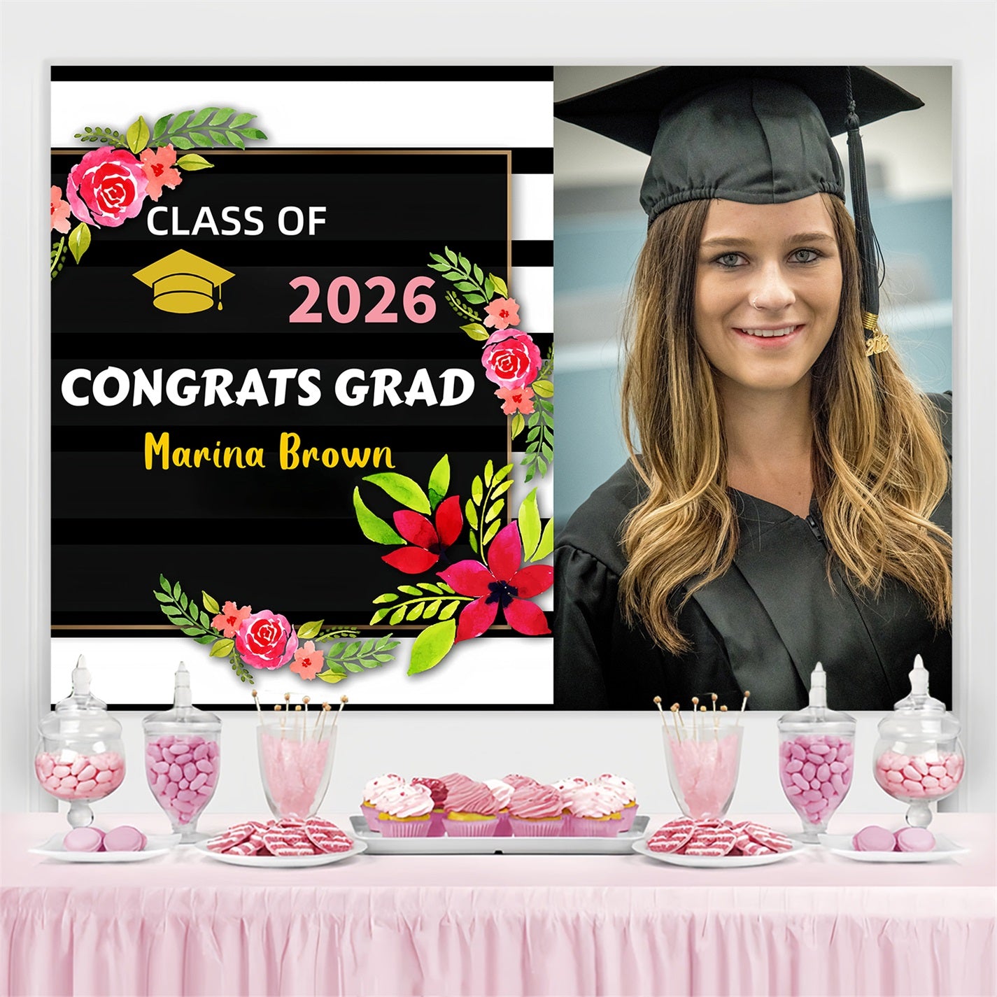 Customized Graduation Backdrop Black White Stripe Graduation Party Backdrop GQ3-246