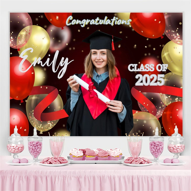 Personalized Graduation Backdrop Red Gold Balloons Graduation Party Backdrop GQ3-248