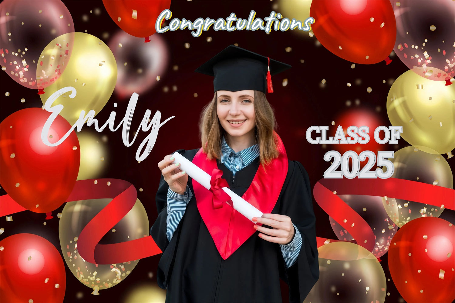Personalized Graduation Backdrop Red Gold Balloons Graduation Party Backdrop GQ3-248