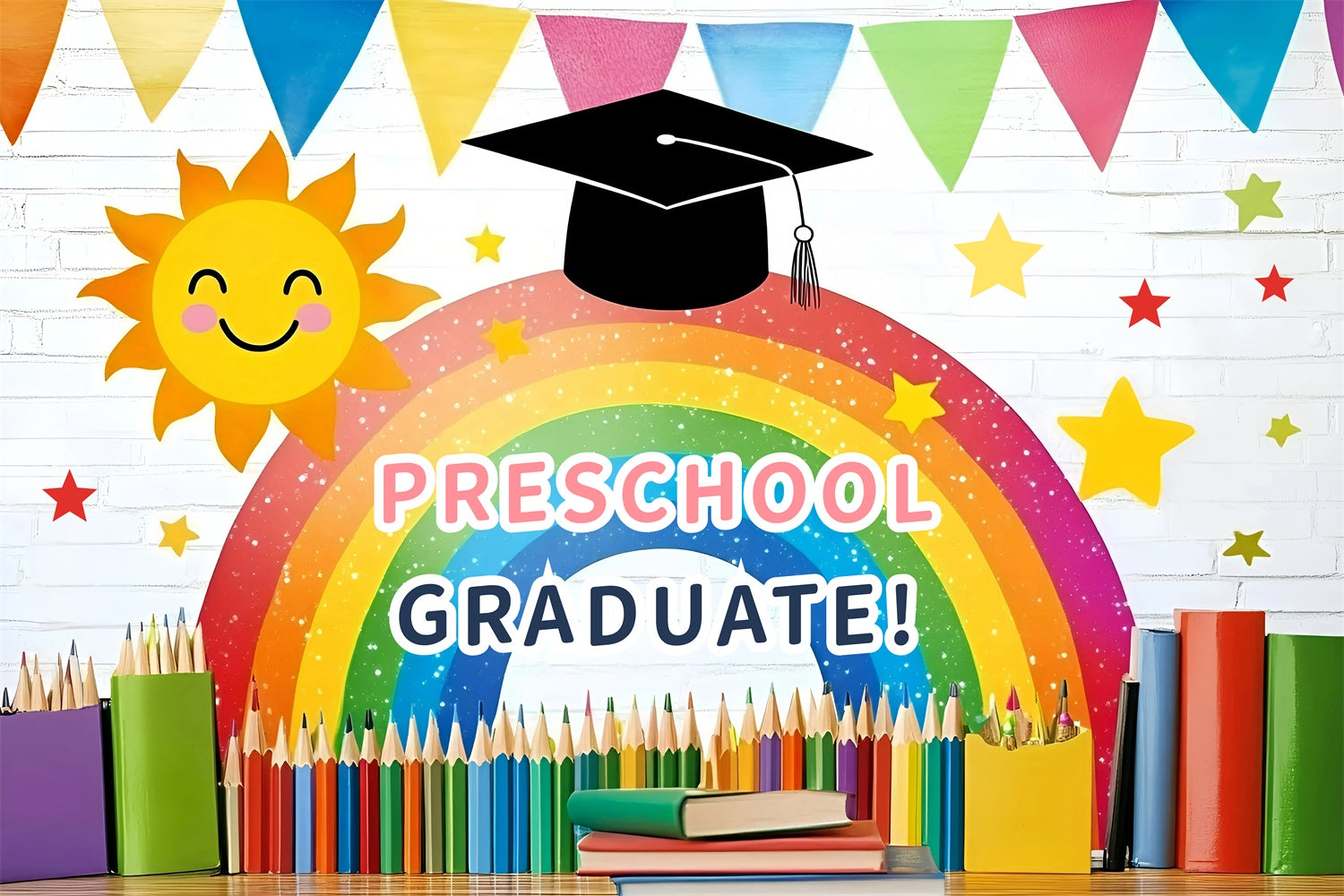 Preschool Graduation Backdrop Vibrant Rainbow Banner Graduation Party Backdrop GQ3-257