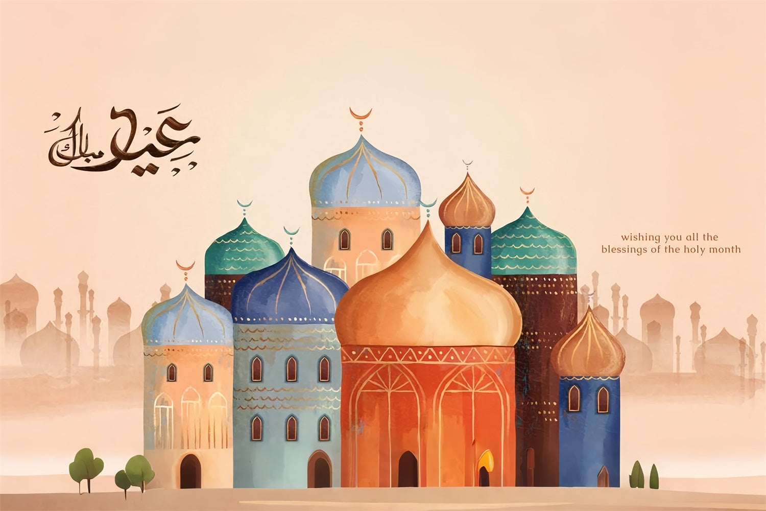 Ramadan Mubarak Backdrop Watercolor Mosque Architecture Backdrop GQ3-4