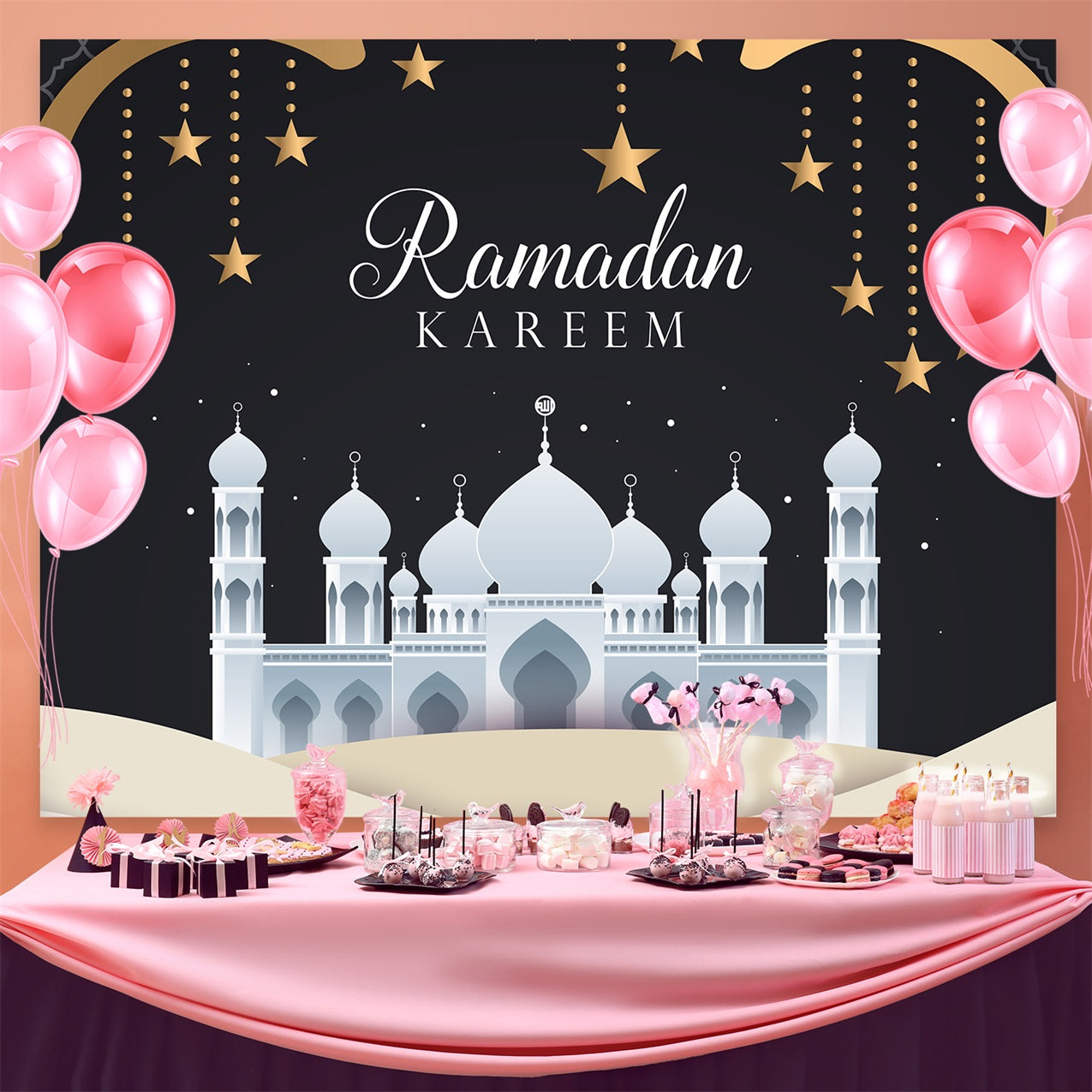 Ramadan Mubarak Backdrop White Mosque Night Backdrop GQ3-40