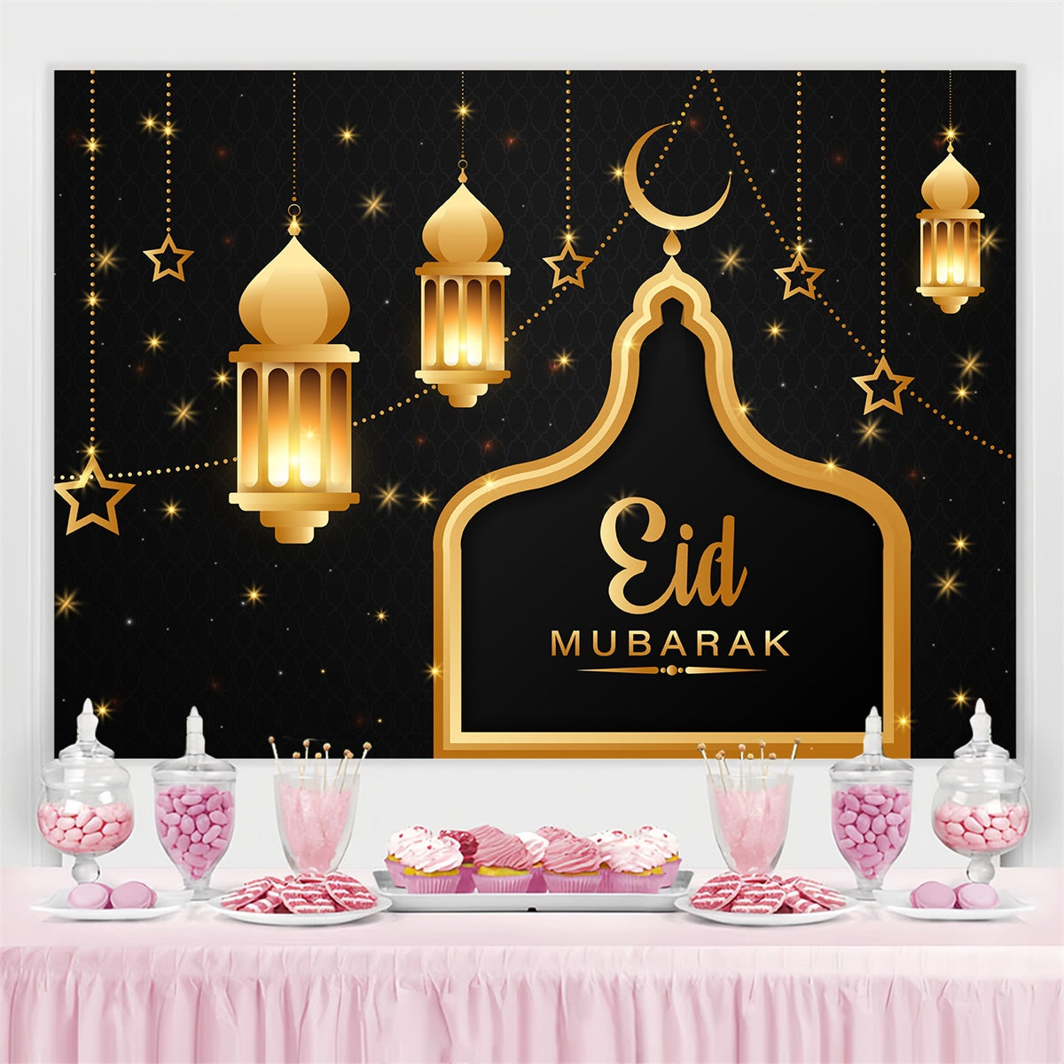 Eid Mubarak Backdrop Golden Lanterns Starry Eid Backdrop GQ3-61