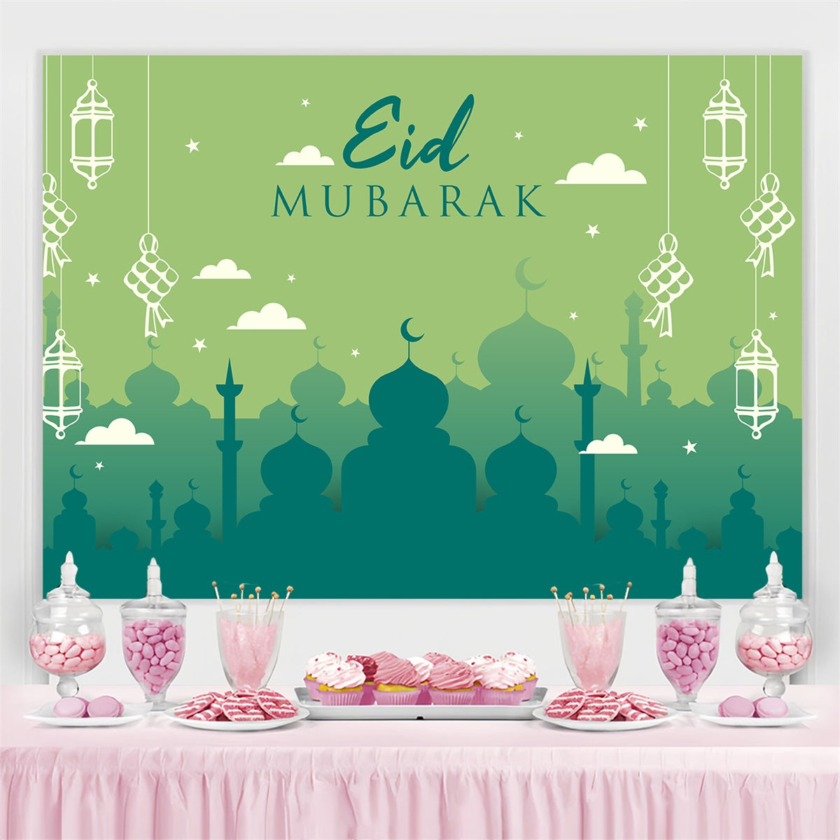 Eid Mubarak Backdrop Green Mosque Silhouette Eid Backdrop GQ3-63