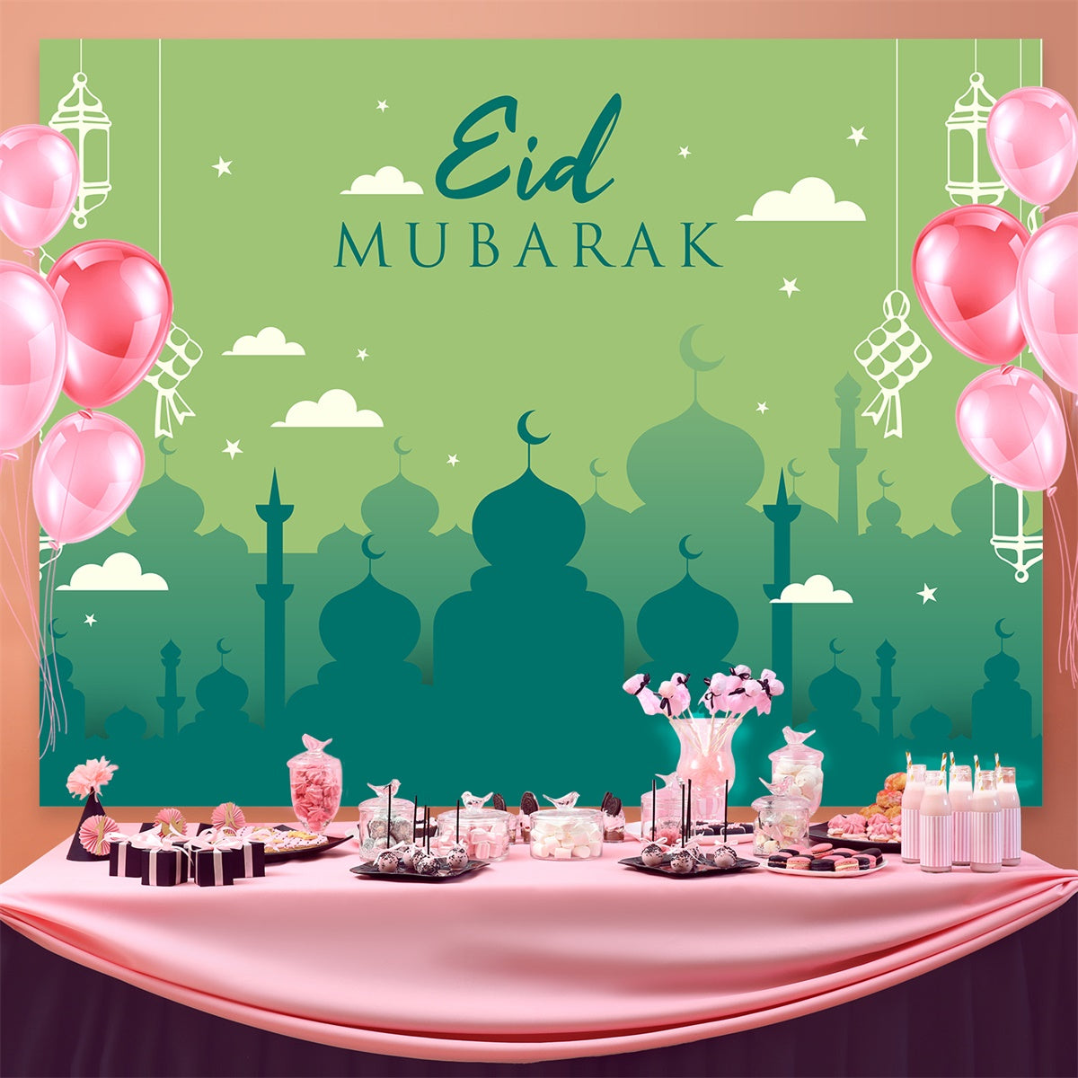Eid Mubarak Backdrop Green Mosque Silhouette Eid Backdrop GQ3-63