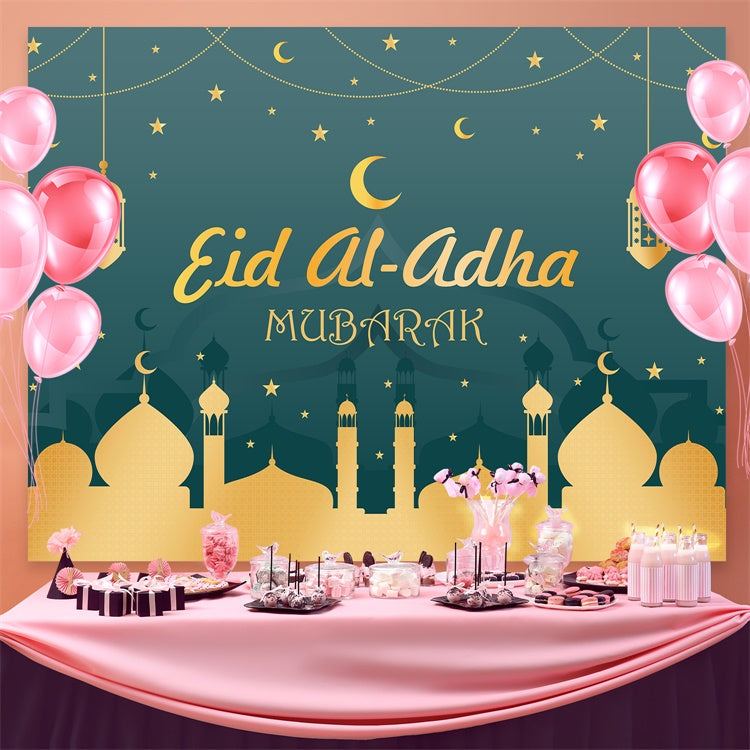 Eid Mubarak Backdrop Green Night Golden Mosque Backdrop GQ3-81