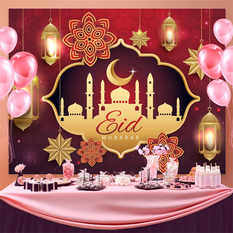 Eid Mubarak Backdrop Gold Mosque Elegant Lanterns Backdrop GQ3-84