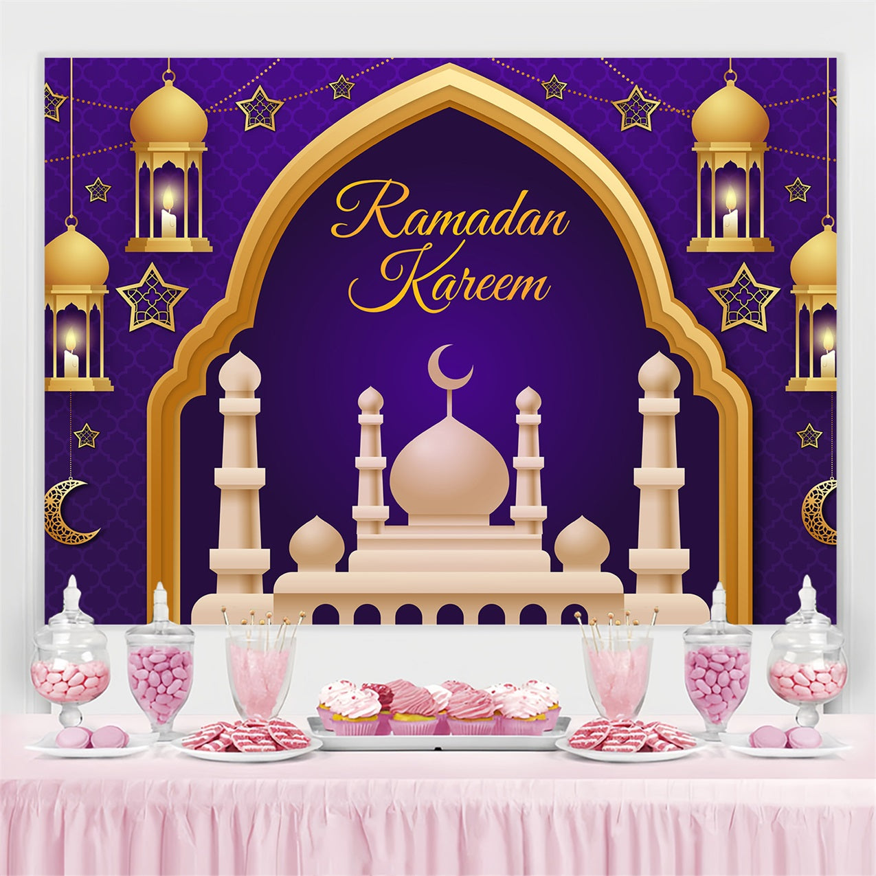Ramadan Backdrops Royal Purple Gold Lantern Arch Backdrop GQ3-9