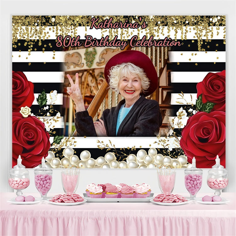Personalised Birthday Backdrop Rose Pearls 80th Striped Backdrop GQ4-11
