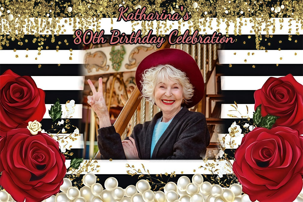 Personalised Birthday Backdrop Rose Pearls 80th Striped Backdrop GQ4-11