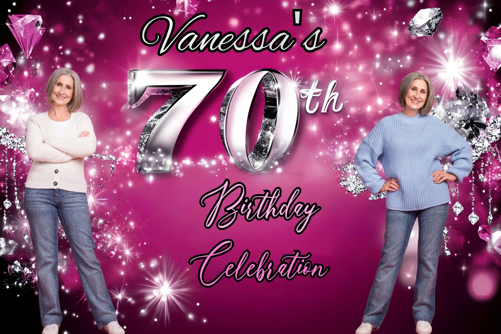 Personalized 70th Birthday Backdrop Pink Diamond Sparkle Backdrop GQ4-12