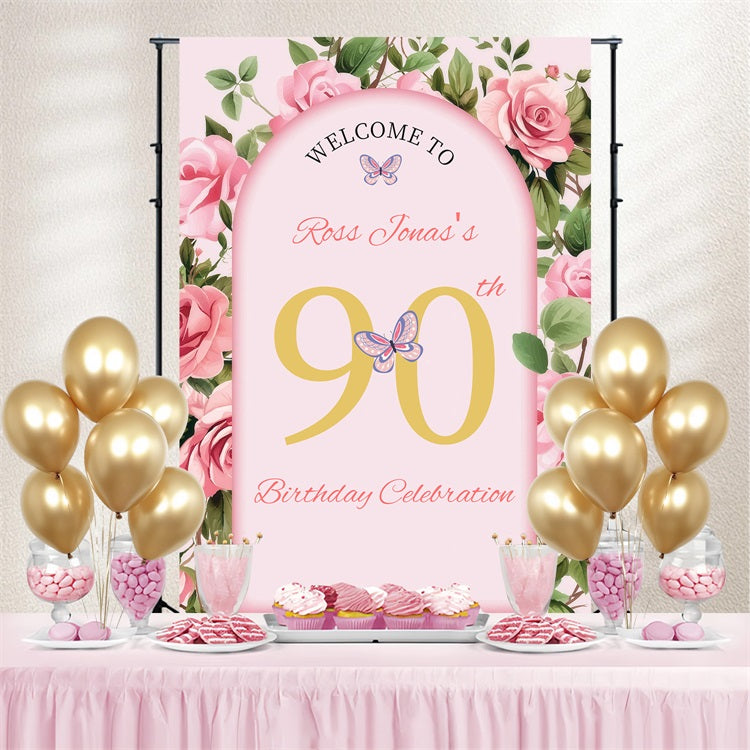 Personalized Birthday Backdrop Floral Archway Welcome 90th Backdrop GQ4-16