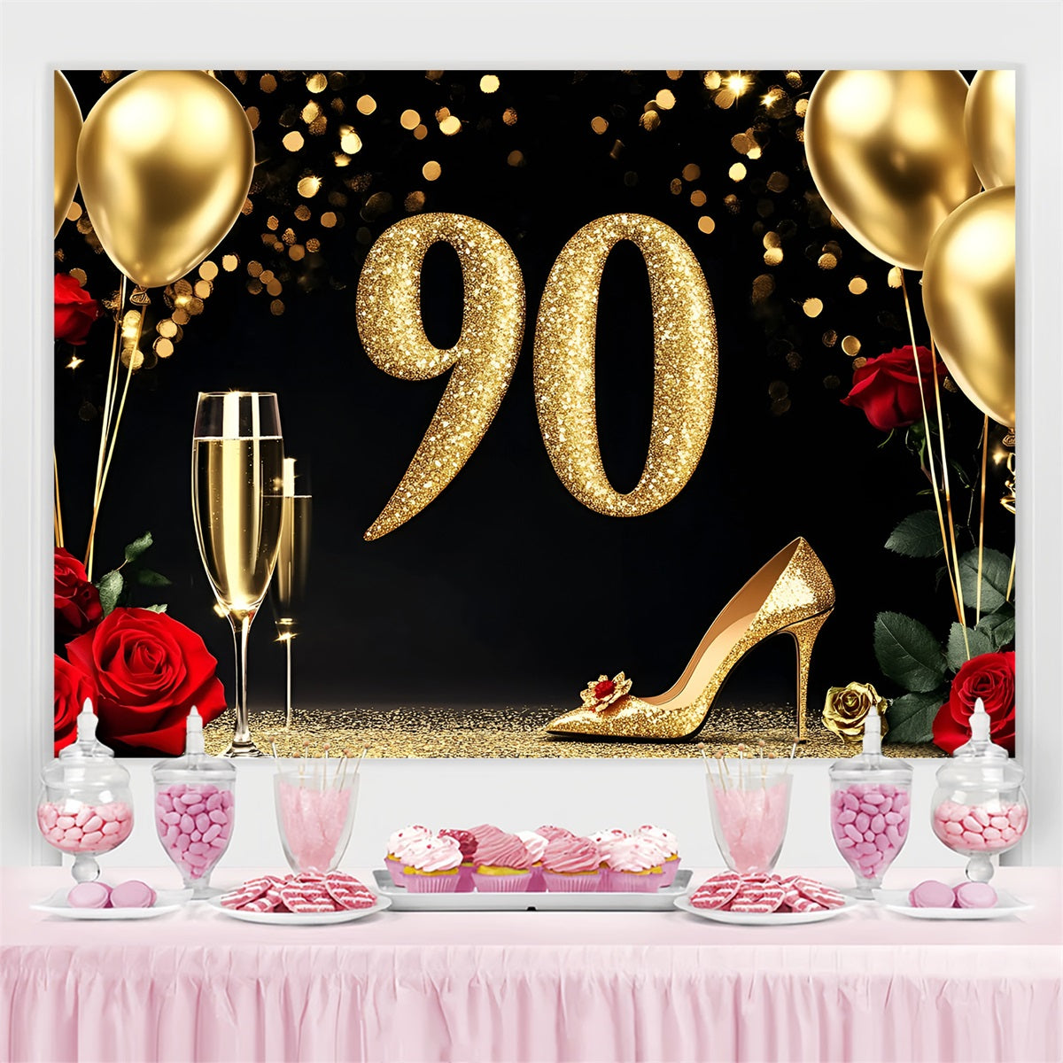 Birthday Backdrops 90th Champagne Rose Personalized Backdrop GQ4-217