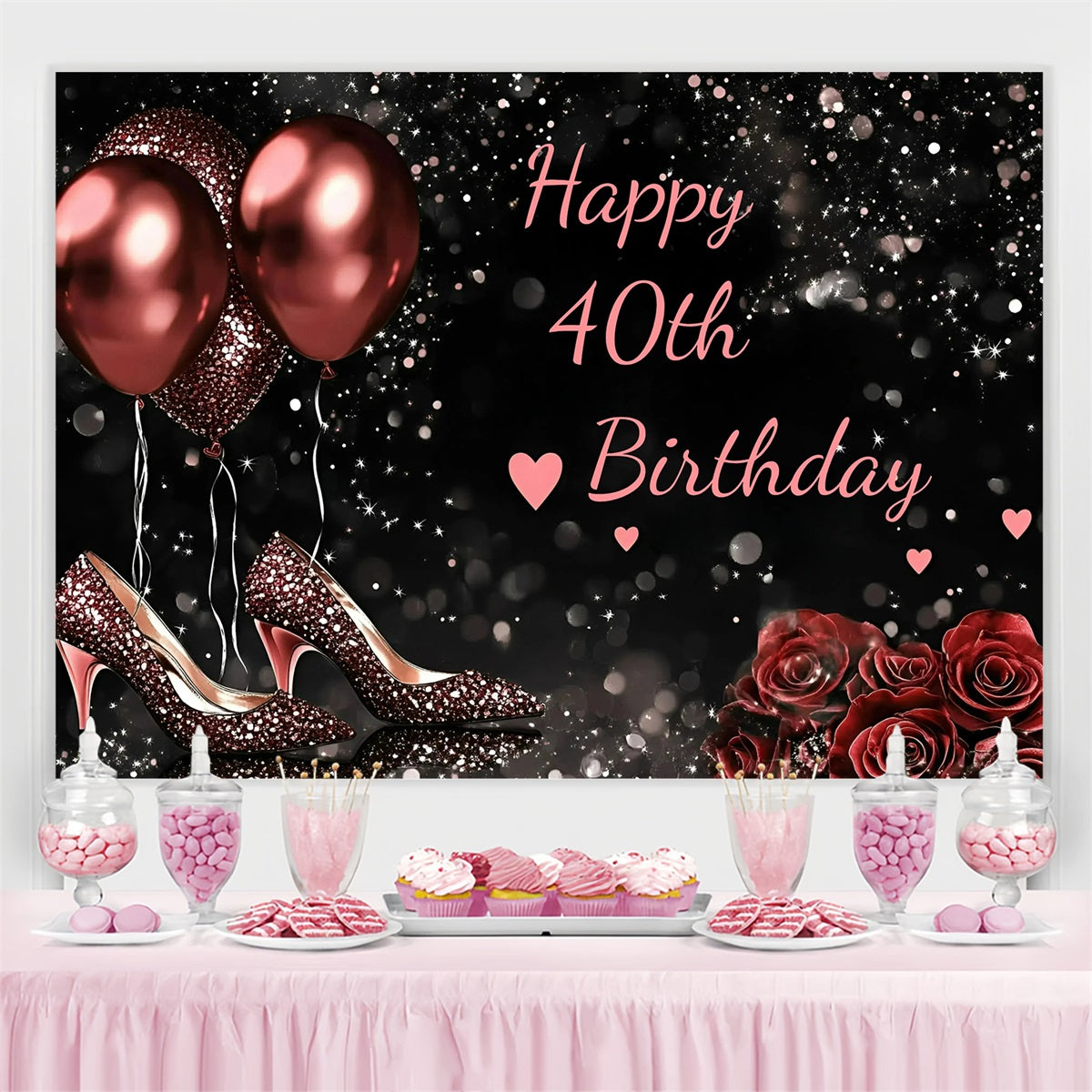 40th Birthday Backdrop Rose Balloons High Heel Custom Backdrop GQ4-218