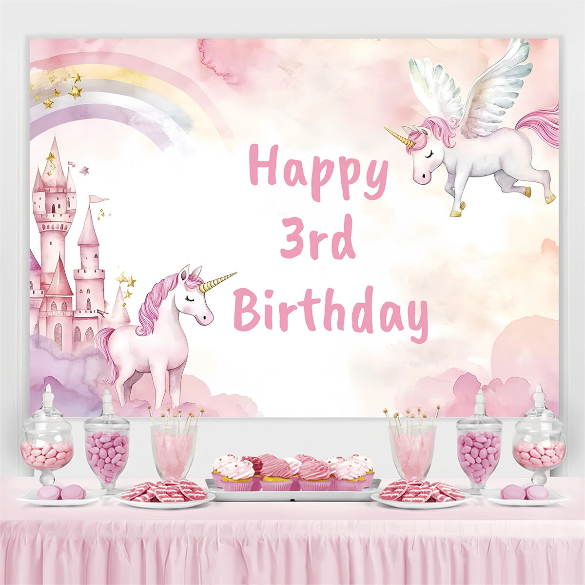Happy Birthday Backdrop Unicorn Castle 3rd Customized Backdrop GQ4-219