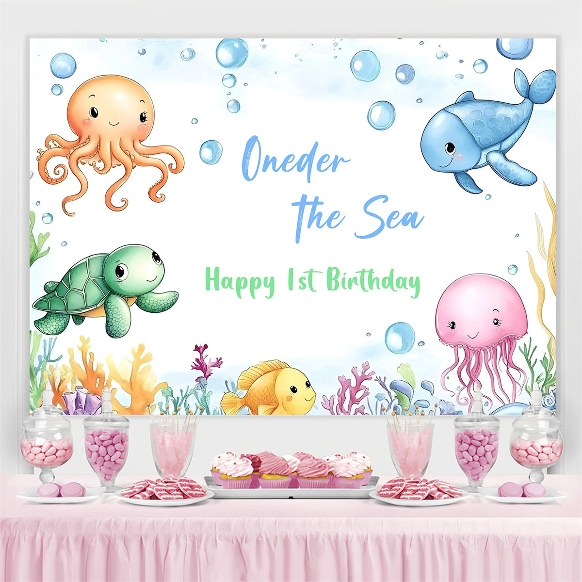 1st Birthday Backdrop Cartoon Sea Animals Personalised Backdrop GQ4-220