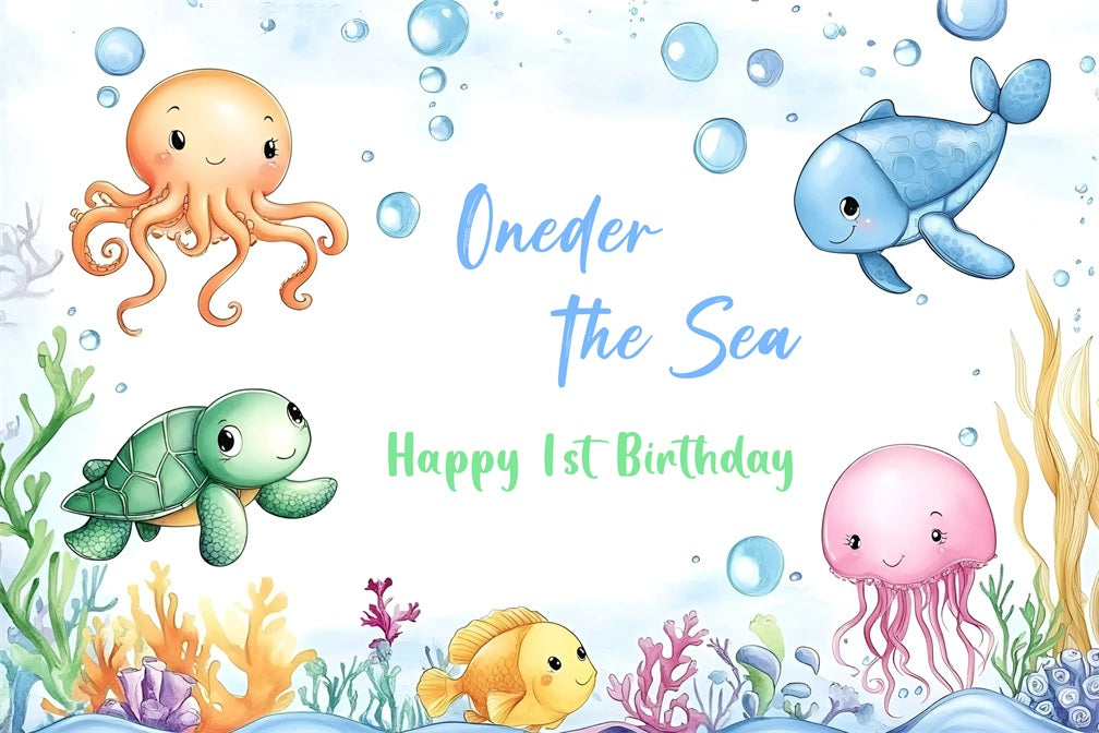 1st Birthday Backdrop Cartoon Sea Animals Personalised Backdrop GQ4-220
