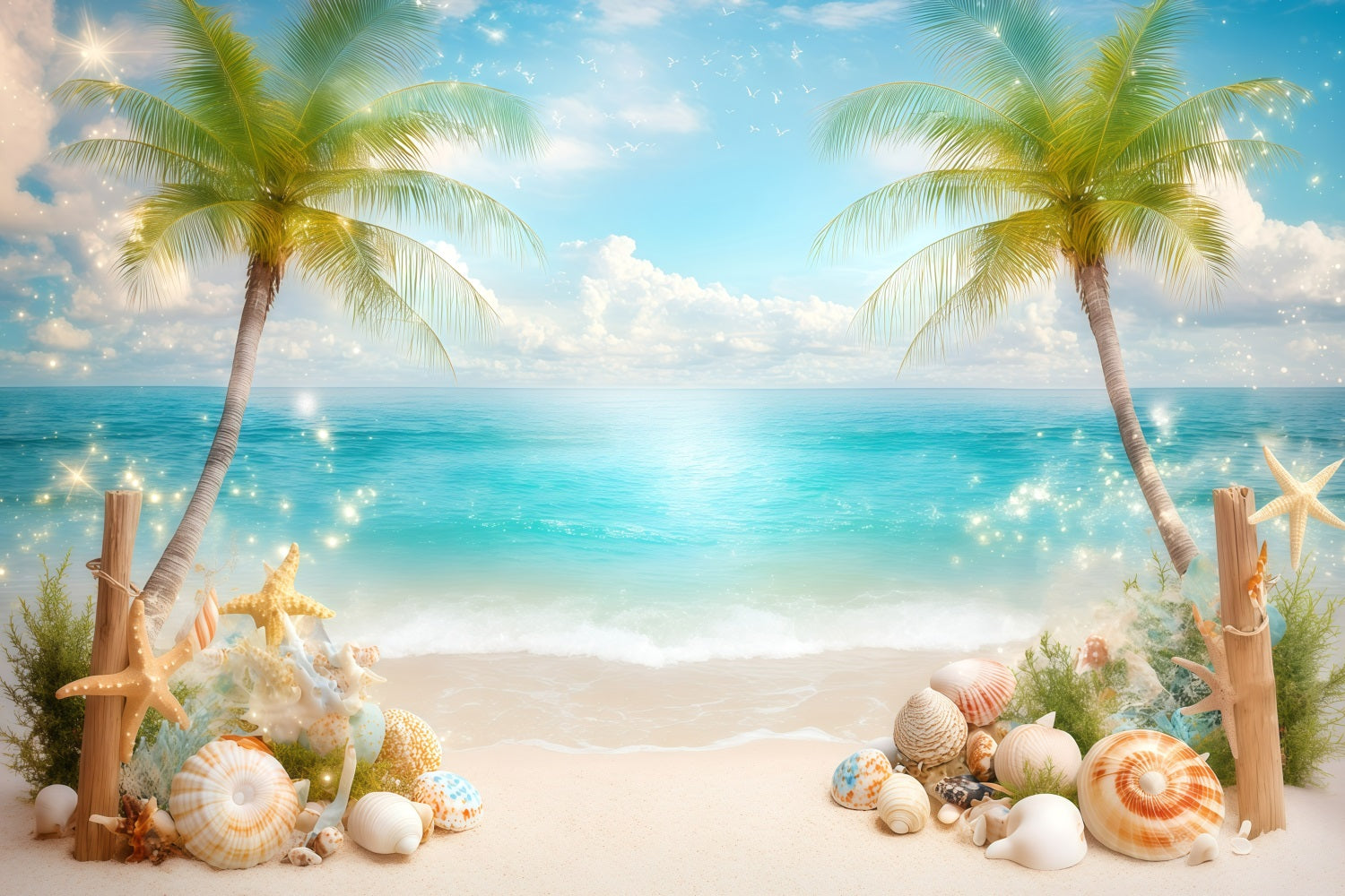 Beach Photography Backdrop Summer Shells Palms Backdrop GQ4-271